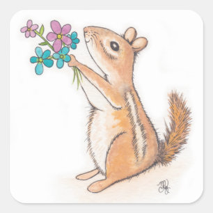Sticker Carré Chipmunk avec bouquet de fleurs