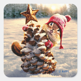 Sticker Carré Chipmunk Avec Pine Cone Tree