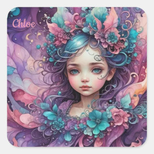Sticker Carré CHLOE ~ WOW ! Lavande bleue rose fée ~