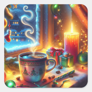 Sticker Carré Chocolat chaud dans une fenêtre de Noël