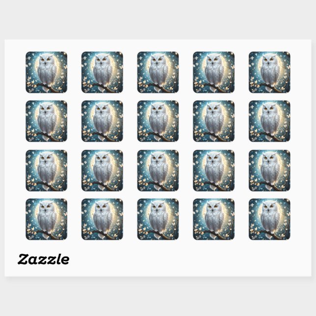 Sticker Carré Chouette À Neige Et Lune Avec Étincelle, (Feuille)