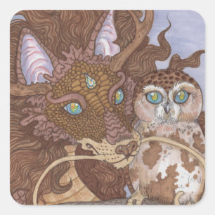 Sticker Carré Chouette aux yeux clairs et dragon