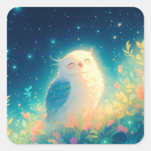 Sticker Carré Chouette Blanche Mignonne Endormie dans un Jardin