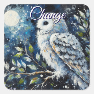 Sticker Carré Chouette blanche sur branche dans la peinture lune