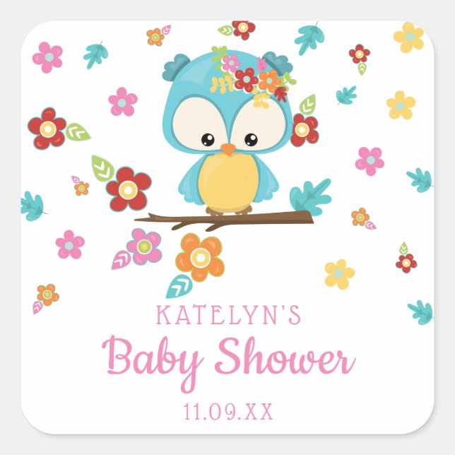 Sticker Carré Chouette boisée mignonne et fleurs Baby shower béb (Devant)