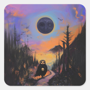 Sticker Carré Chouette Crâne noir Lune Magique Mystique Cuisine
