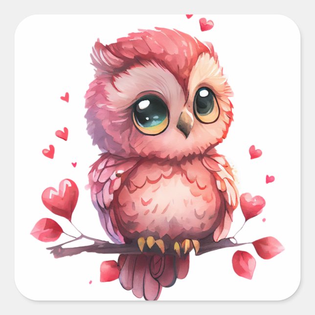 Sticker Carré Chouette de coeur mignonne Valentine (Devant)