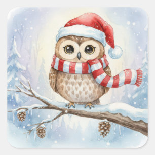 Sticker Carré Chouette de Noël à l'aquarelle avec un chapeau de