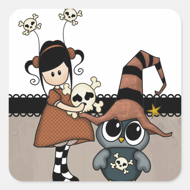 Sticker Carré Chouette d'Halloween & Fille aux crânes, mignonne  (Devant)
