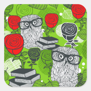 Sticker Carré Chouette en roses rouges