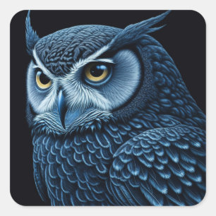 Sticker Carré Chouette grave bleue et noire
