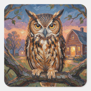 Sticker Carré Chouette hulotte rustique Impasto