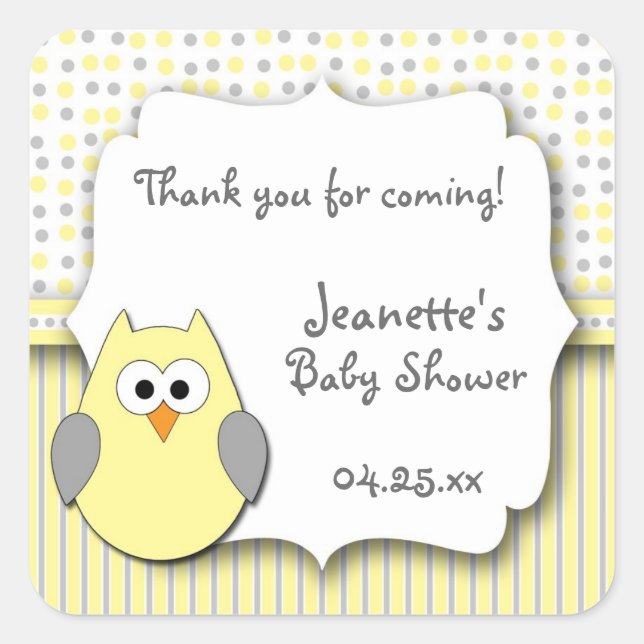 Sticker Carré Chouette jaune et gris baby shower favoriser les a (Devant)