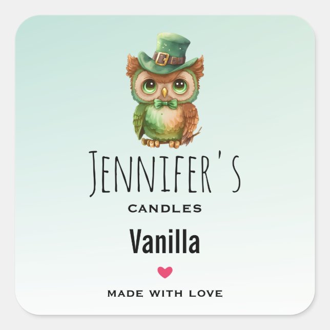 Sticker Carré Chouette mignonne dans un chapeau vert Bougie de c (Devant)