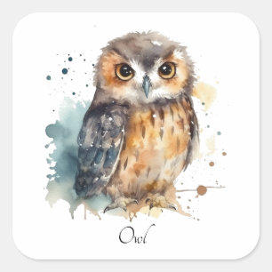 Sticker Carré Chouette mignonne en aquarelle personnalisable