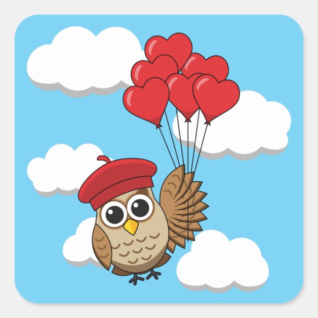 Sticker Carré Chouette mignonne volant avec des ballons de coeur (Devant)