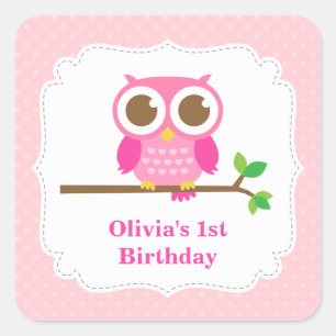 Sticker Carré Chouette Pois rose fête d'anniversaire