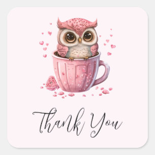 Sticker Carré Chouette rose mignonne dans un Merci de coupe