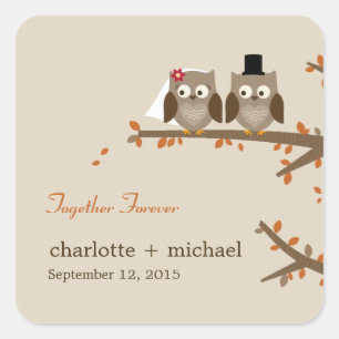 Sticker Carré Chouettes d'amour Mariage de automne Faveur Sticke