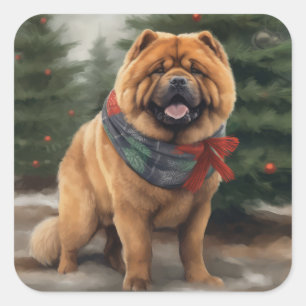 Sticker Carré Chow Chow Chien de Noël en neige