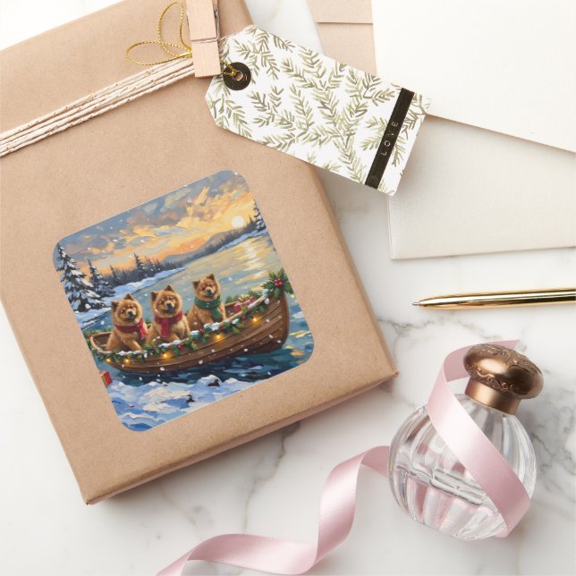 Sticker Carré Chow Chow Christmas Boat Holiday (Cadeaux)