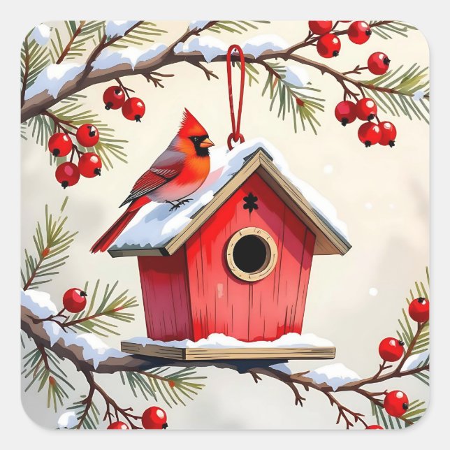 Sticker Carré Christmas Cardinal Birdhouse snowy pine branch  (Devant)