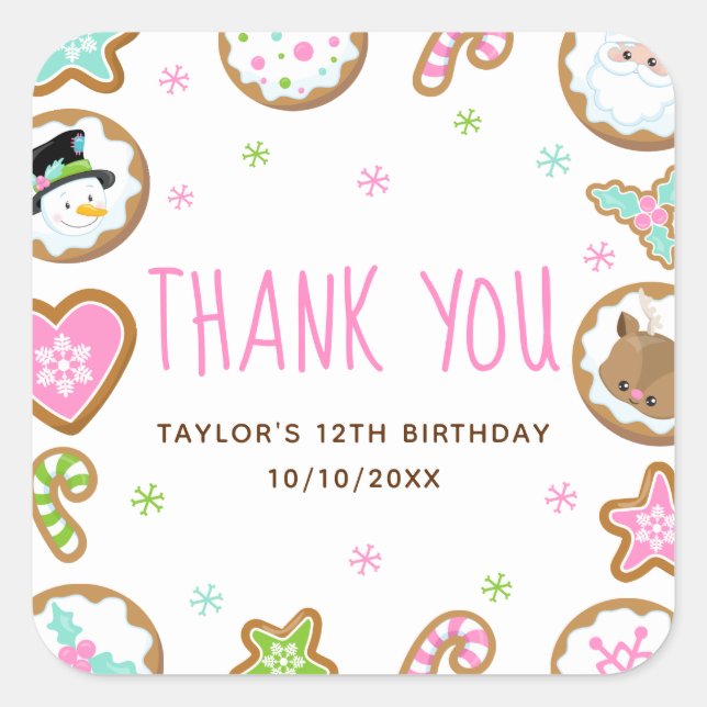 Sticker Carré Christmas Cookies Birthday Party Pink Thank You (Devant)