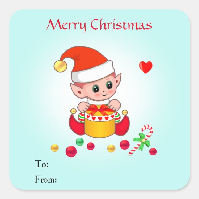 Sticker Carré Christmas Cute Elf pour Cadeaux & Faveurs (Devant)
