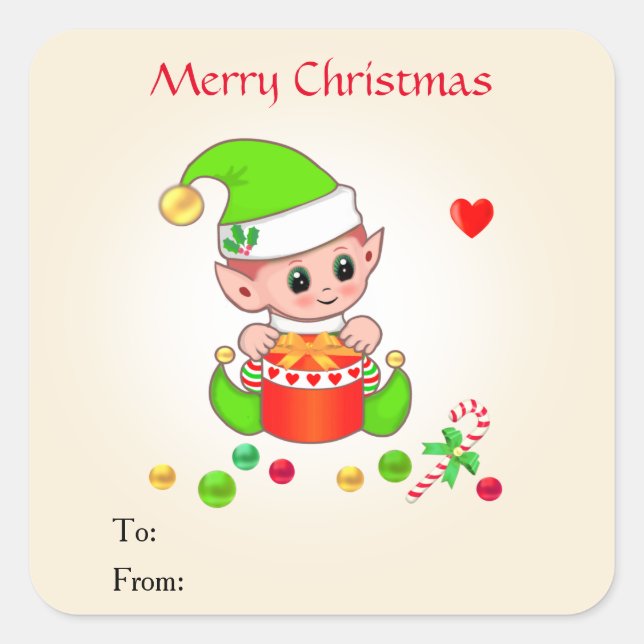 Sticker Carré Christmas Cute Elf sur Beige pour Cadeaux & Faveur (Devant)