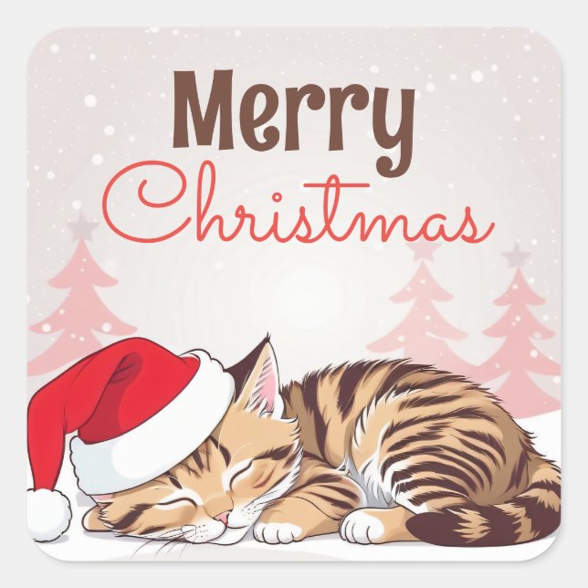 Sticker Carré Christmas Dreams - Sleeping Kitten in Santa Hat (Devant)