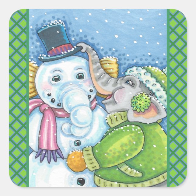 STICKER CARRÉ CHRISTMAS ÉLÉPHANT CONSTRUCTION CUTE PACHYDERM SNO (Devant)