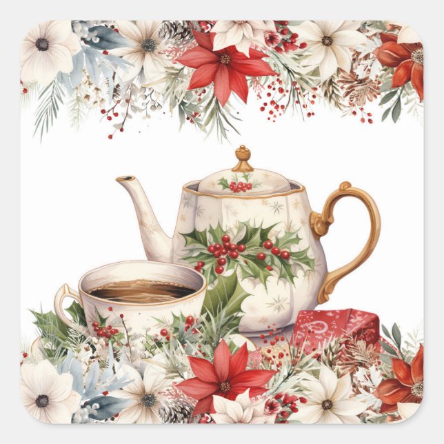 Sticker Carré Christmas Floral Afternoon Tea Holiday Party (Devant)