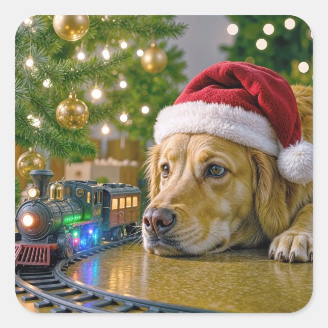Sticker Carré Christmas Golden Retriever Watching a Toy Train (Devant)