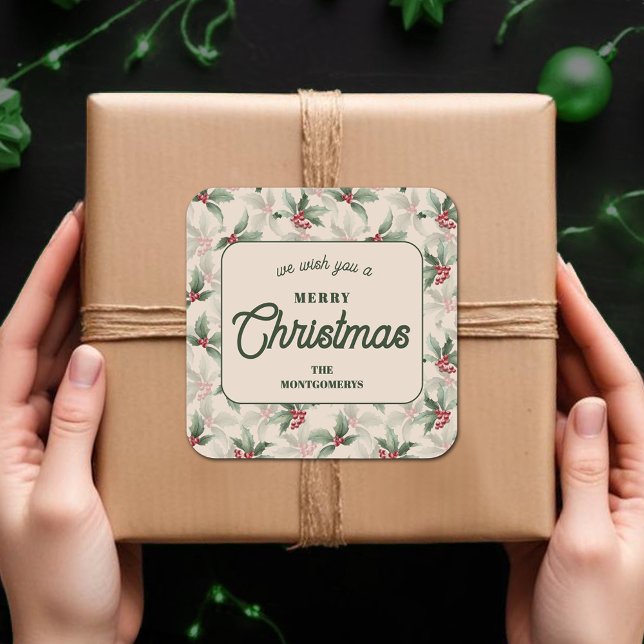 Sticker Carré Christmas Holly Berry Restauration maison (We Wish you a Merry Christmas holly and berries homemade food holiday baking round stickers)