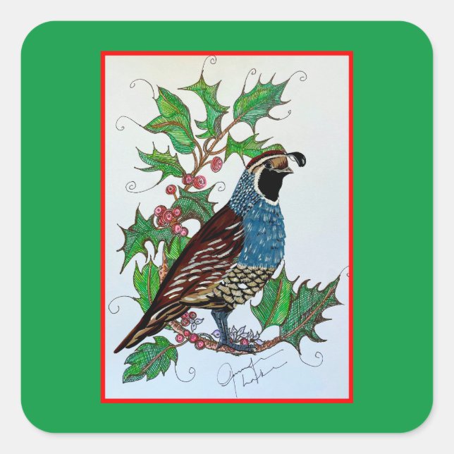Sticker Carré Christmas Holly Quail (Devant)