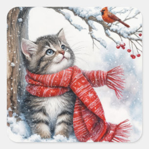 Sticker Carré Christmas Kitty Regarder un cardinal