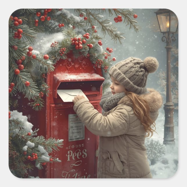 Sticker Carré Christmas mailbox cute festive winter holiday art (Devant)