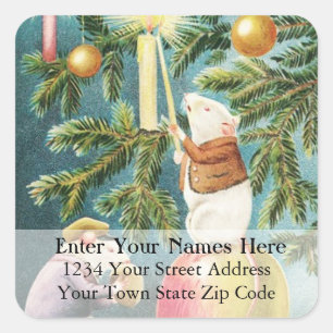 Sticker Carré Christmas Mice Lighting Candles Address Label