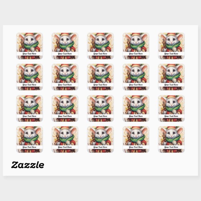 Sticker Carré Christmas Mouse 4 Votre texte ici (Feuille)