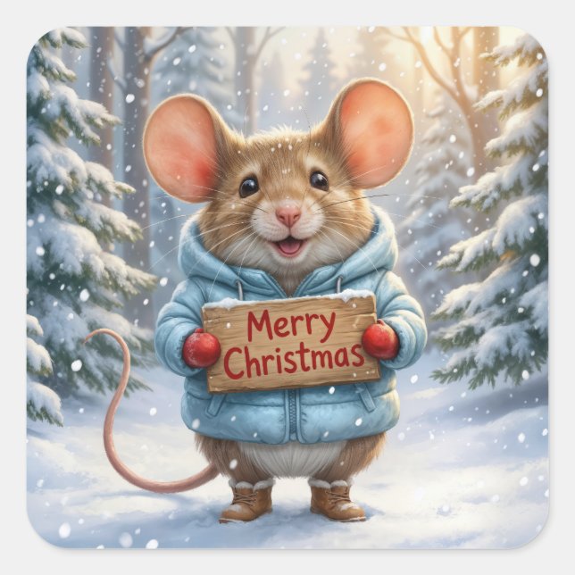 Sticker Carré Christmas Mouse In Winter Forest (Devant)
