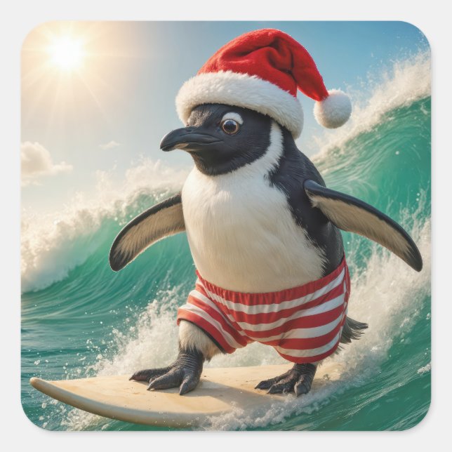 Sticker Carré Christmas Penguin Surfing On an Ocean Wave (Devant)