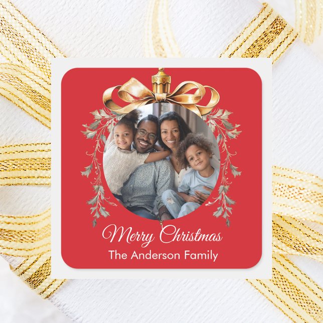 Sticker Carré Christmas red gold bauble family photo (Créateur téléchargé)