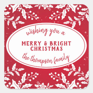 Sticker Carré Christmas Red, White Holly, Nom de famille, Festif