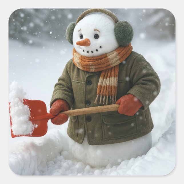 Sticker Carré Christmas Snowman Shoveling Snow (Devant)