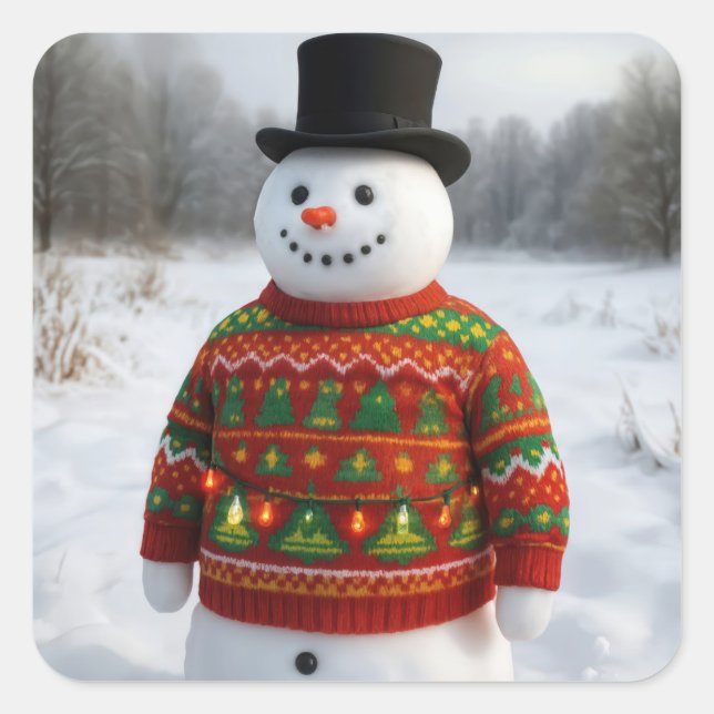 Sticker Carré Christmas Snowman Wearing an Ugly Sweater (Devant)