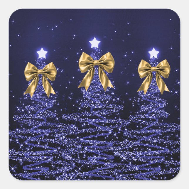 Sticker Carré Christmas Sparkling Trees Navy Blue Faux Gold Bow  (Devant)