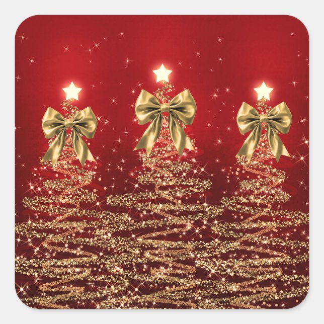Sticker Carré Christmas Sparkling Trees Red Gold Faux Bow  (Devant)