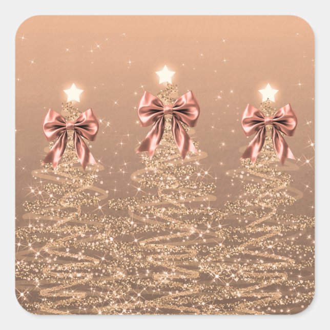 Sticker Carré Christmas Sparkling Trees Rose Gold Faux Bow  (Devant)