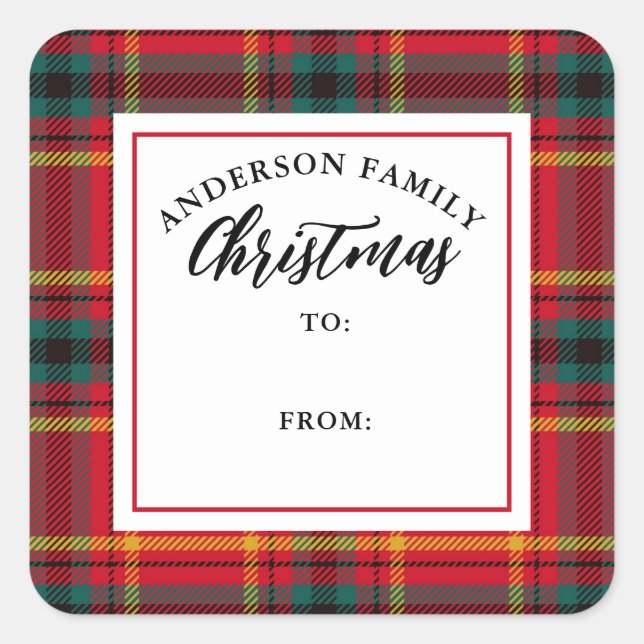 Sticker Carré Christmas Tartan Plaid Nom de famille Cadeau (Devant)