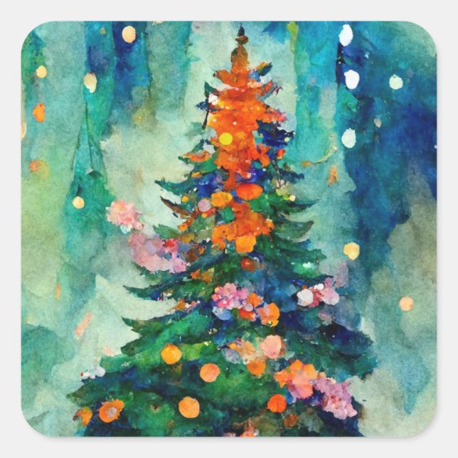 Sticker Carré Christmas Tree with sparkly lights w/ snowy trees (Devant)